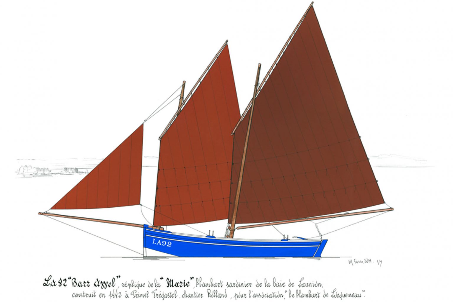 Dessin de profil de Barr Awel sous ses voiles rouges